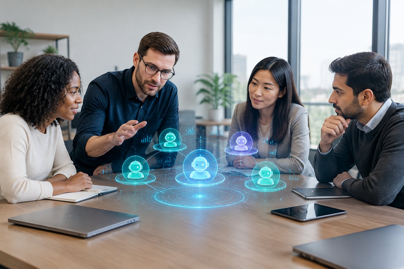 A team of professionals collaborates around a table beside a visualization of connected AI agents.